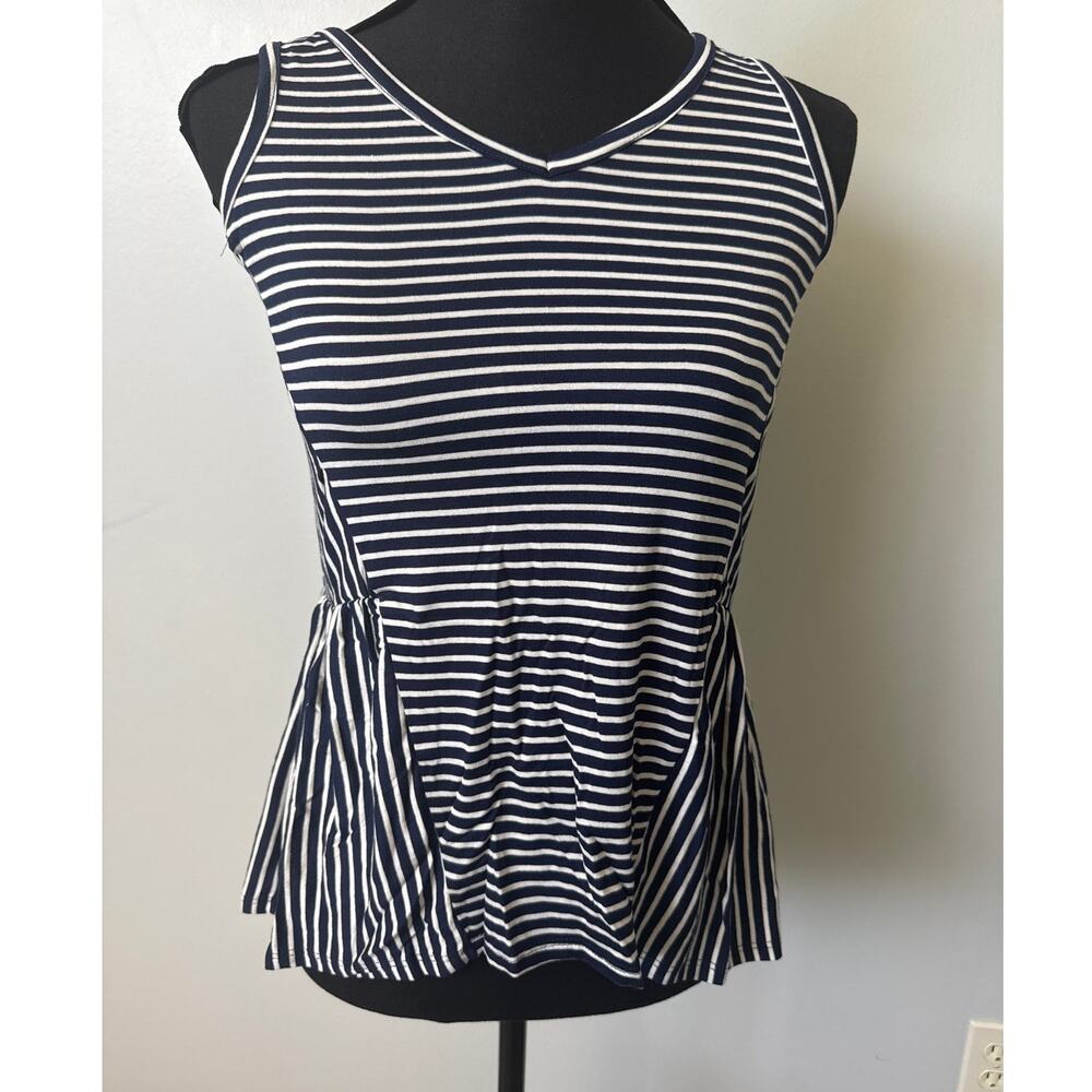 ModCloth Navy Blue Striped V Neck Peplum Sleeveless Top Nautical Sz XXS NWT